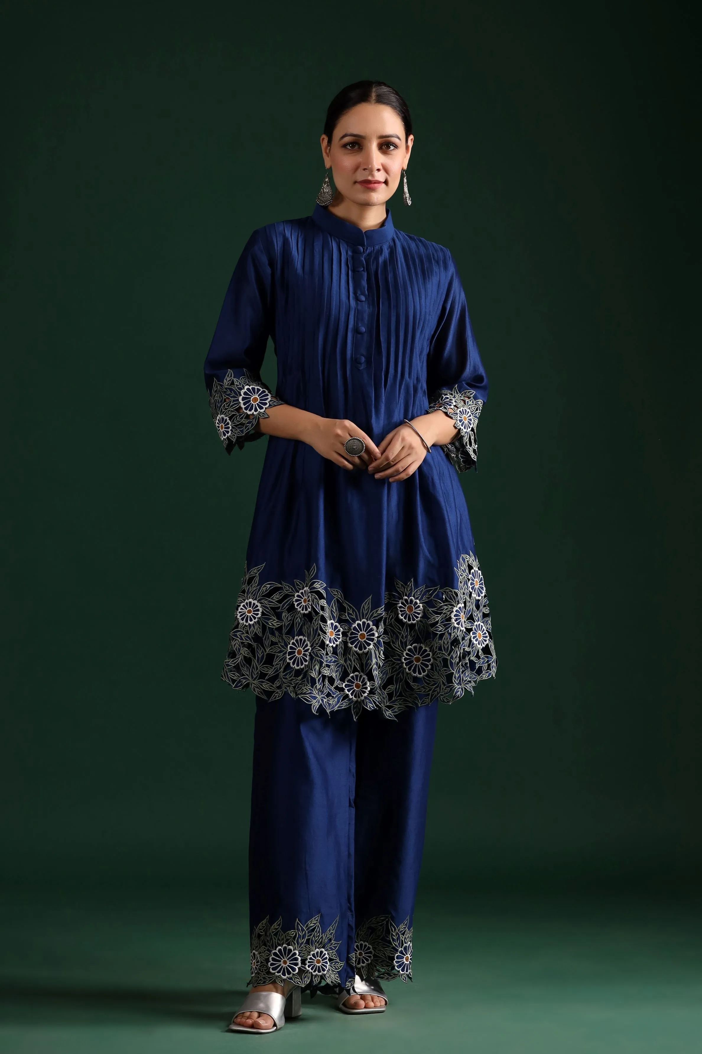 Blue Cut Work Chanderi Silk Pants Set