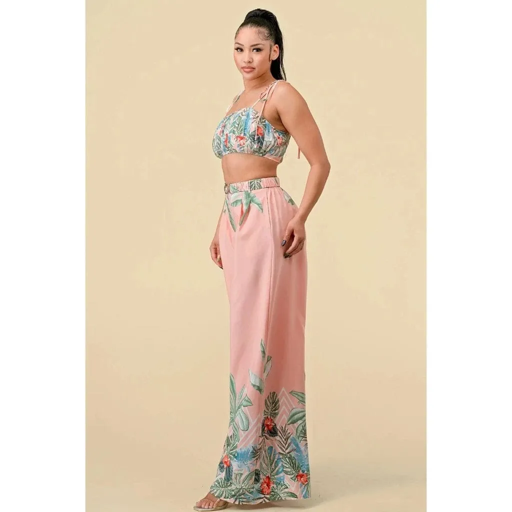 Boader Pleated Floral Pant Set - Pink