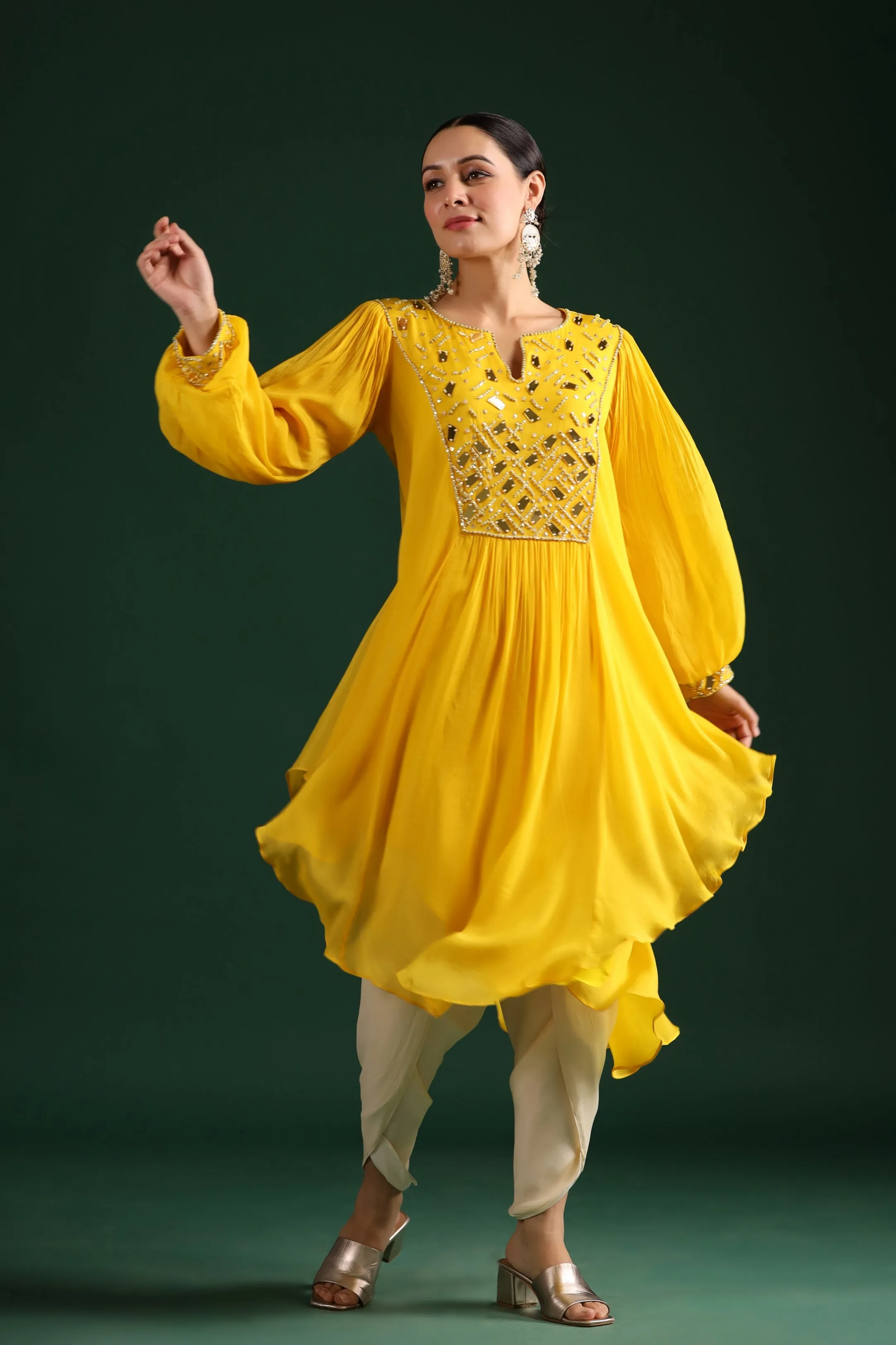 Bright Yellow Embellished Vama Georgette Dhoti Pants Set