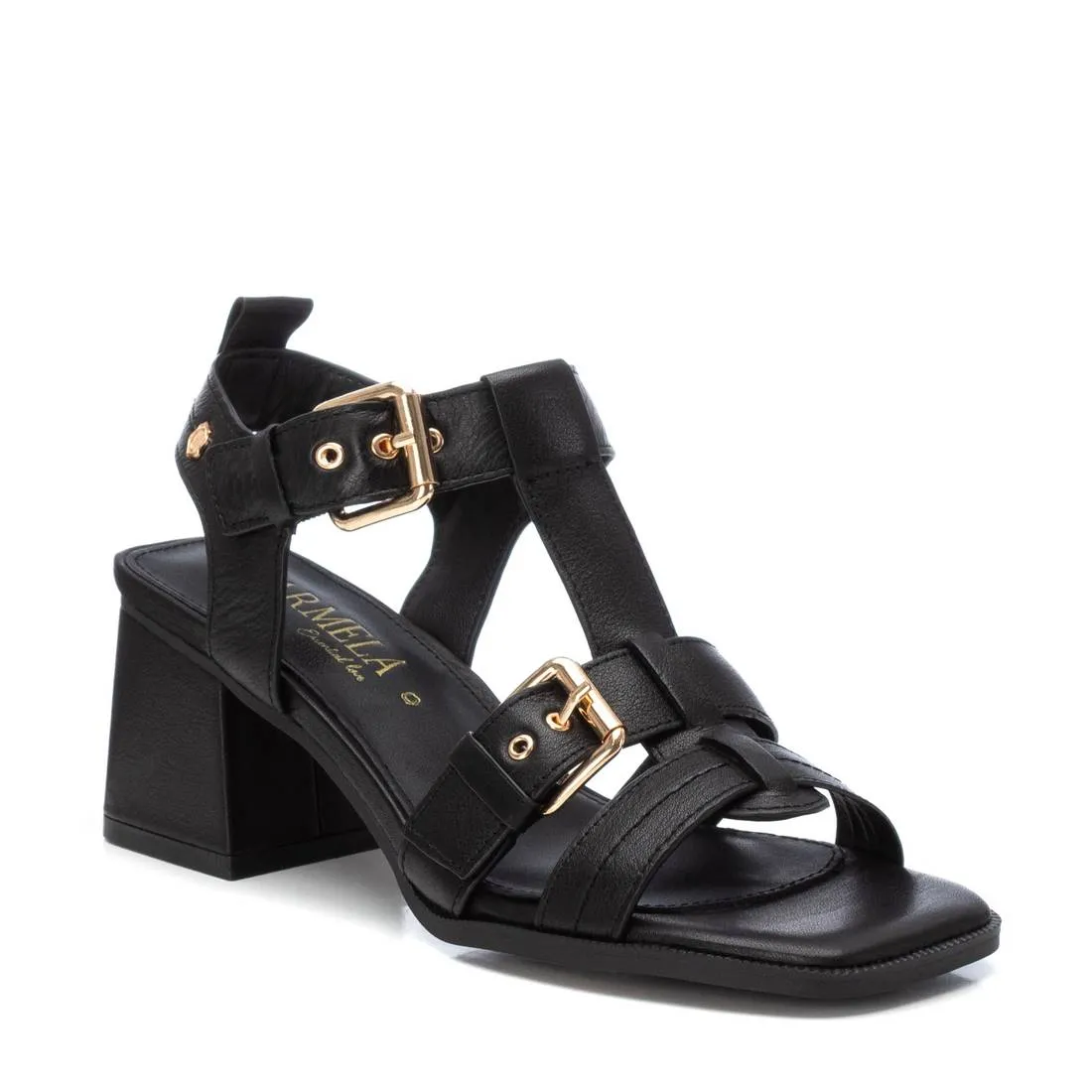 CARMELA Black Leather Block Heel Sandal