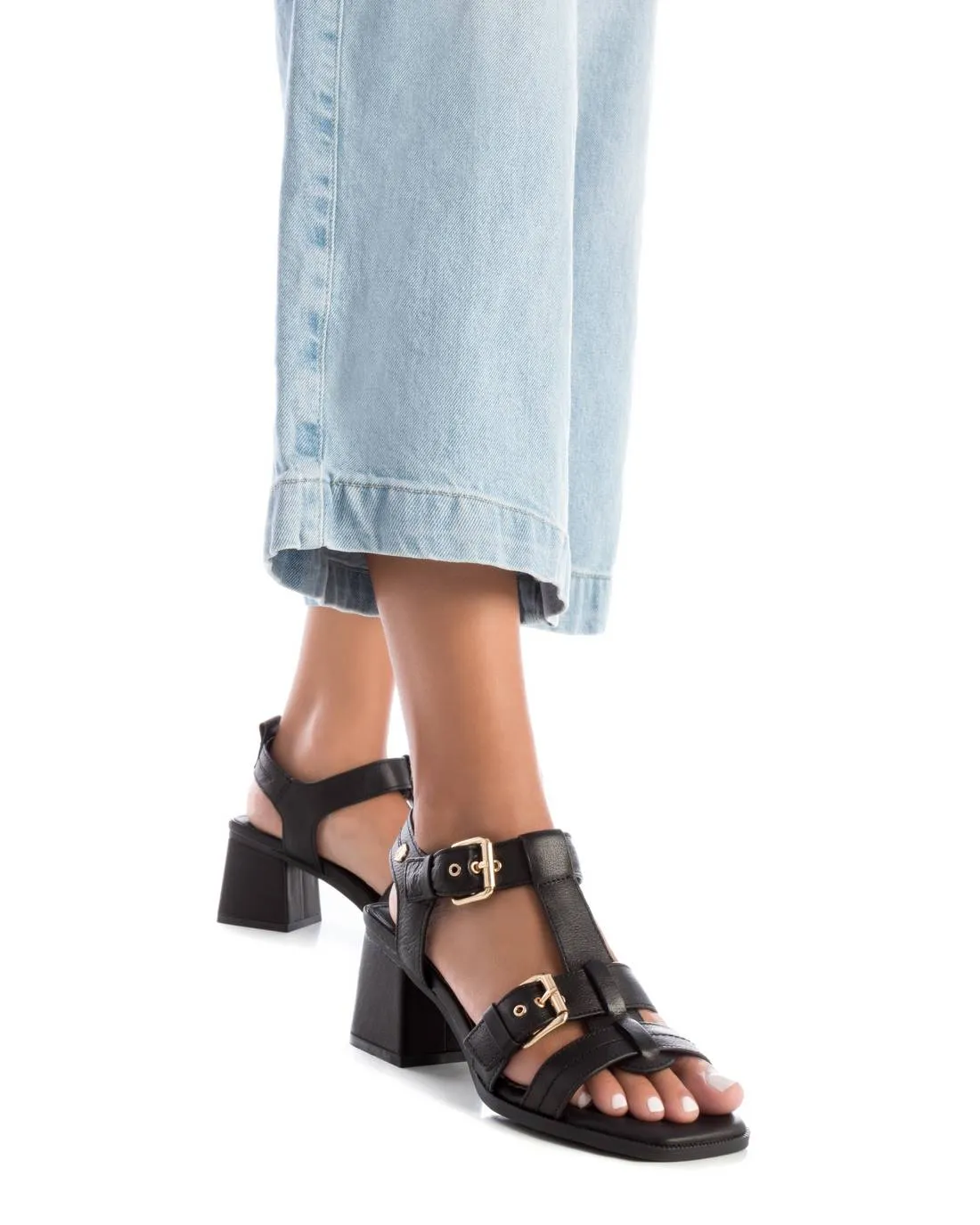 CARMELA Black Leather Block Heel Sandal