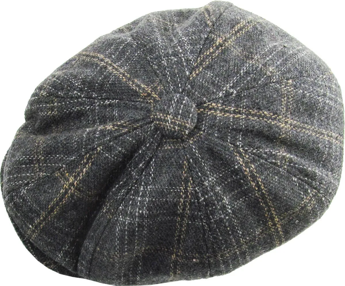 Grey Plaid Button Newsboy Hat