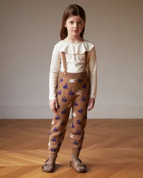 OEUF Handle With Care Suspender Knit Pants with Bunny Motif in Camel