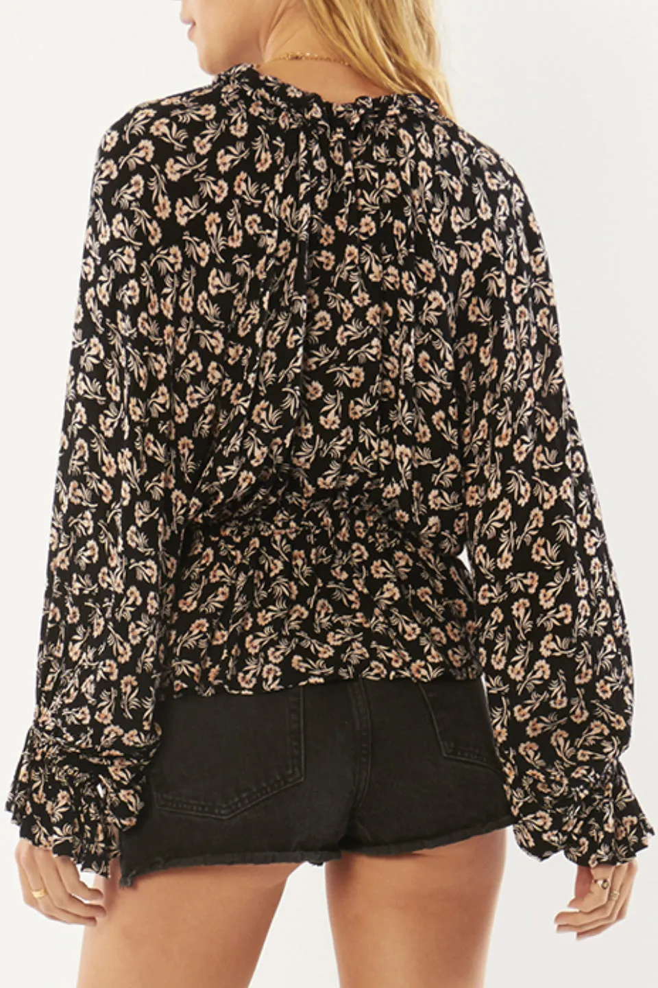 Pep Talk Black Floral V Neck LS Blouse