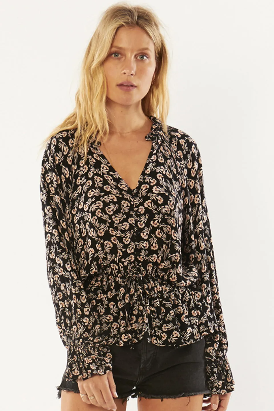 Pep Talk Black Floral V Neck LS Blouse