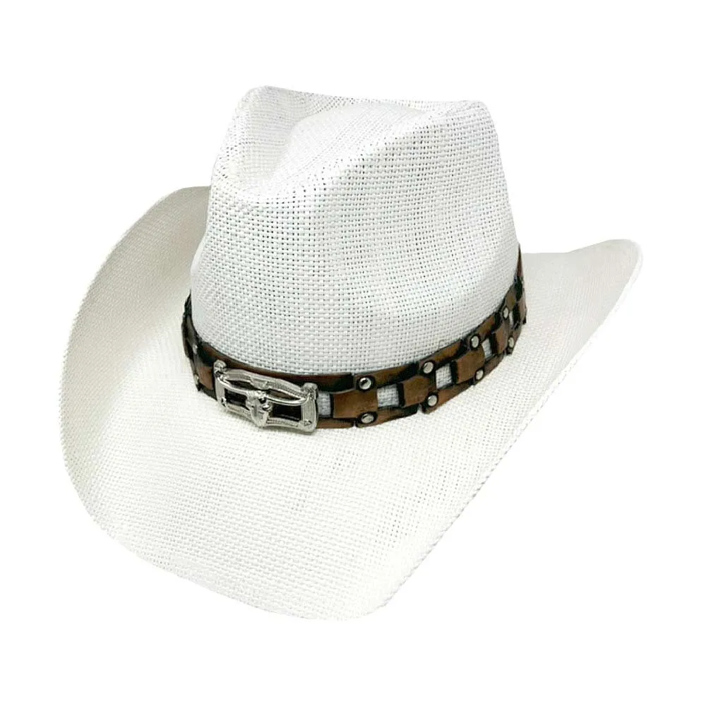 Steer Head Accented Faux Leather Band Straw Cowboy Hat