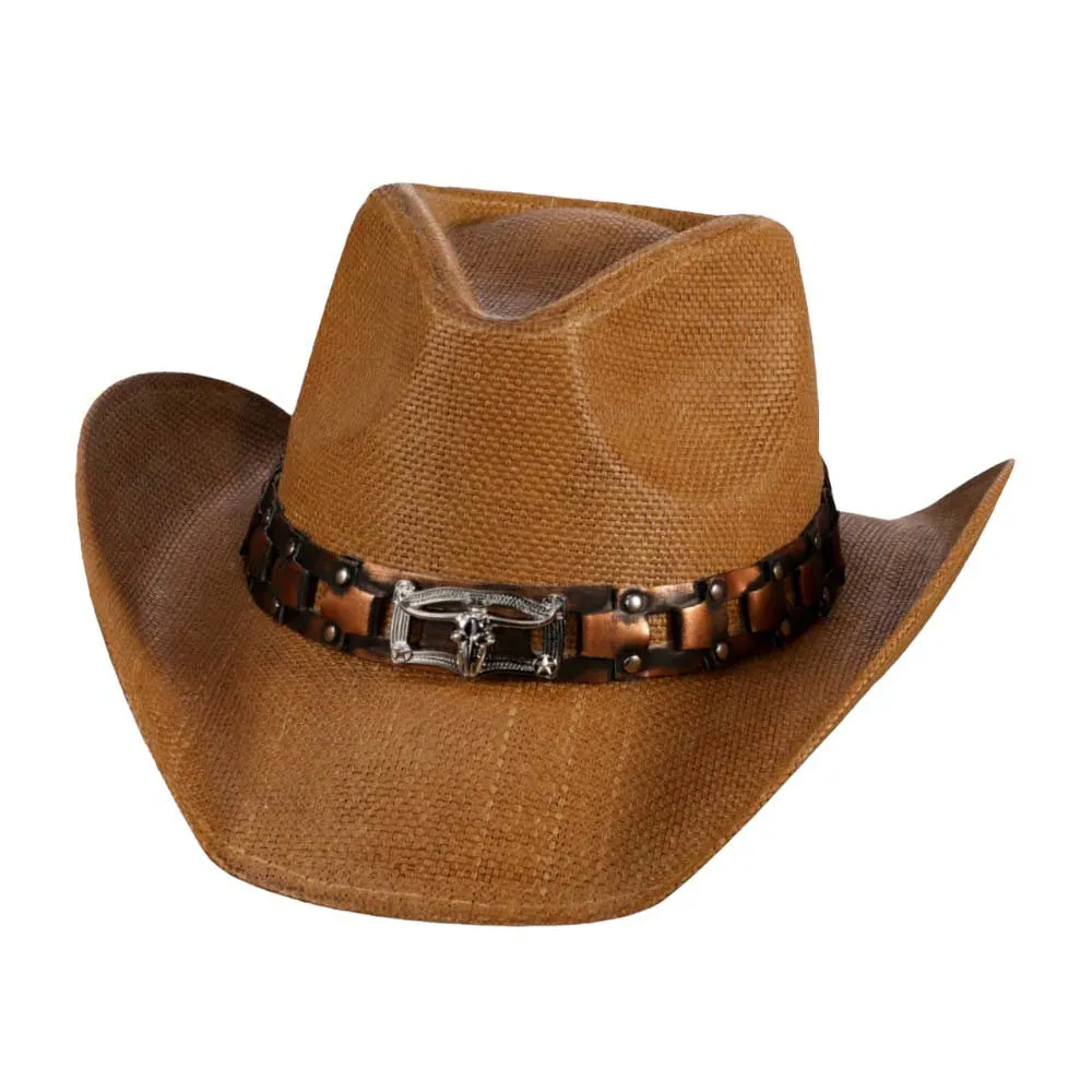 Steer Head Accented Faux Leather Band Straw Cowboy Hat