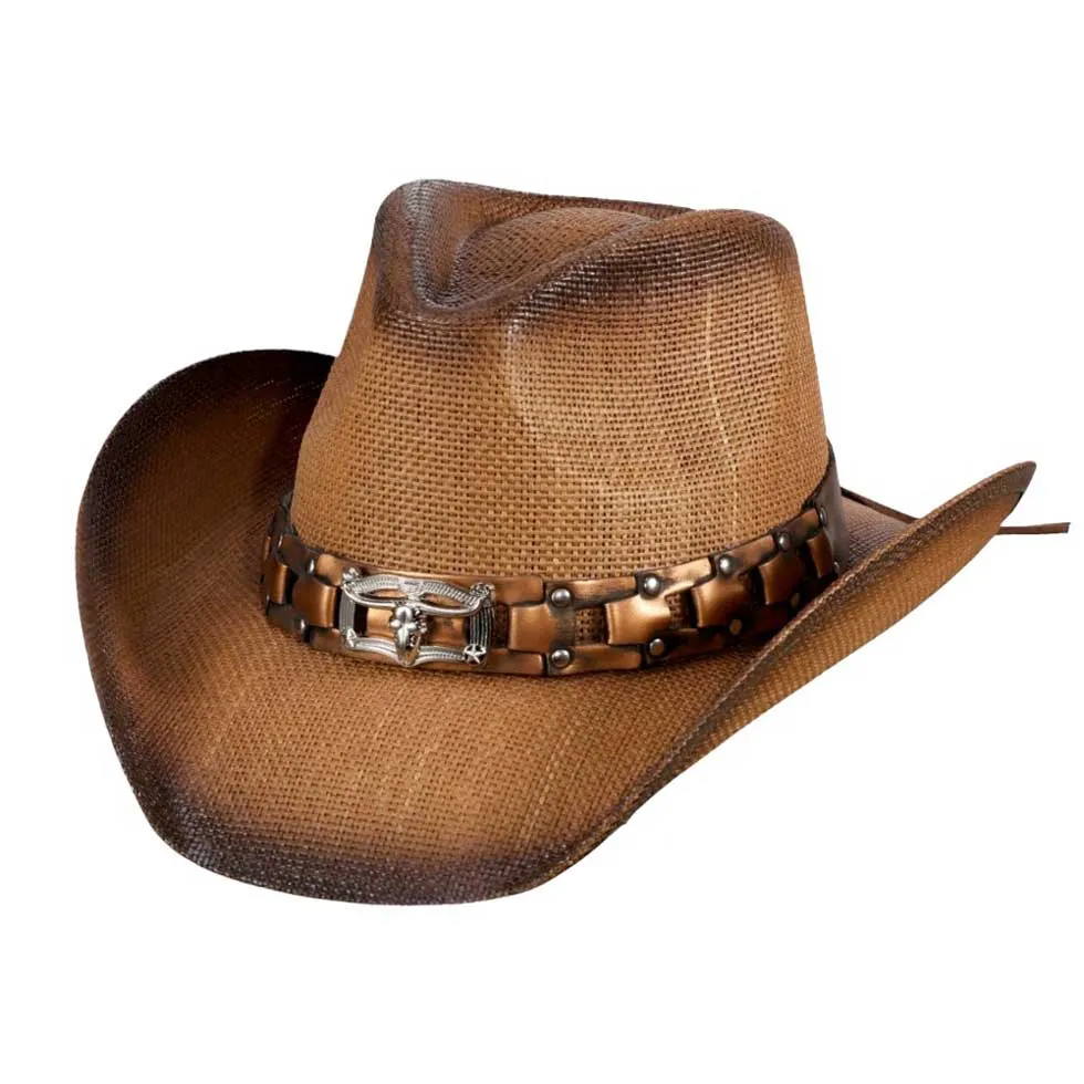 Steer Head Accented Faux Leather Band Straw Cowboy Hat