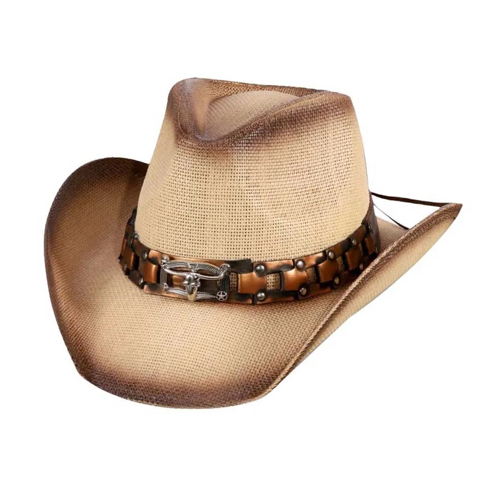 Steer Head Accented Faux Leather Band Straw Cowboy Hat