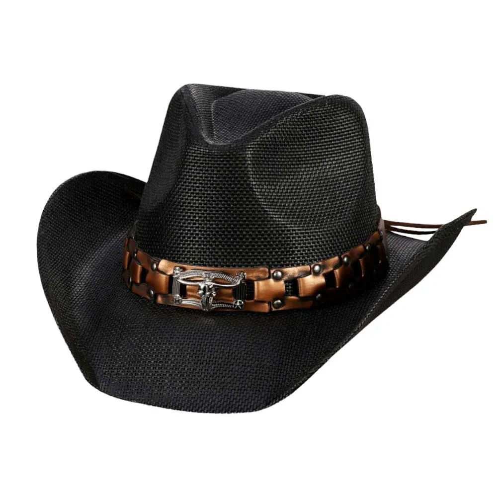 Steer Head Accented Faux Leather Band Straw Cowboy Hat