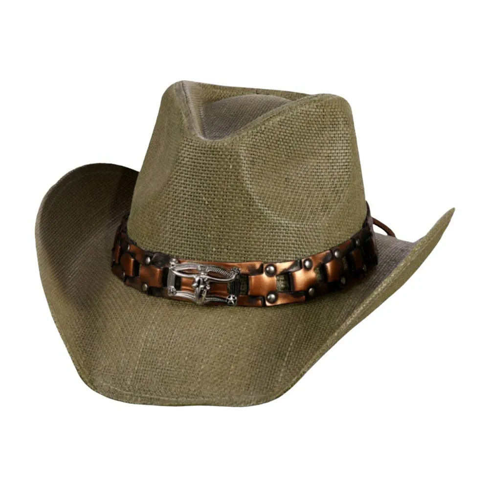 Steer Head Accented Faux Leather Band Straw Cowboy Hat