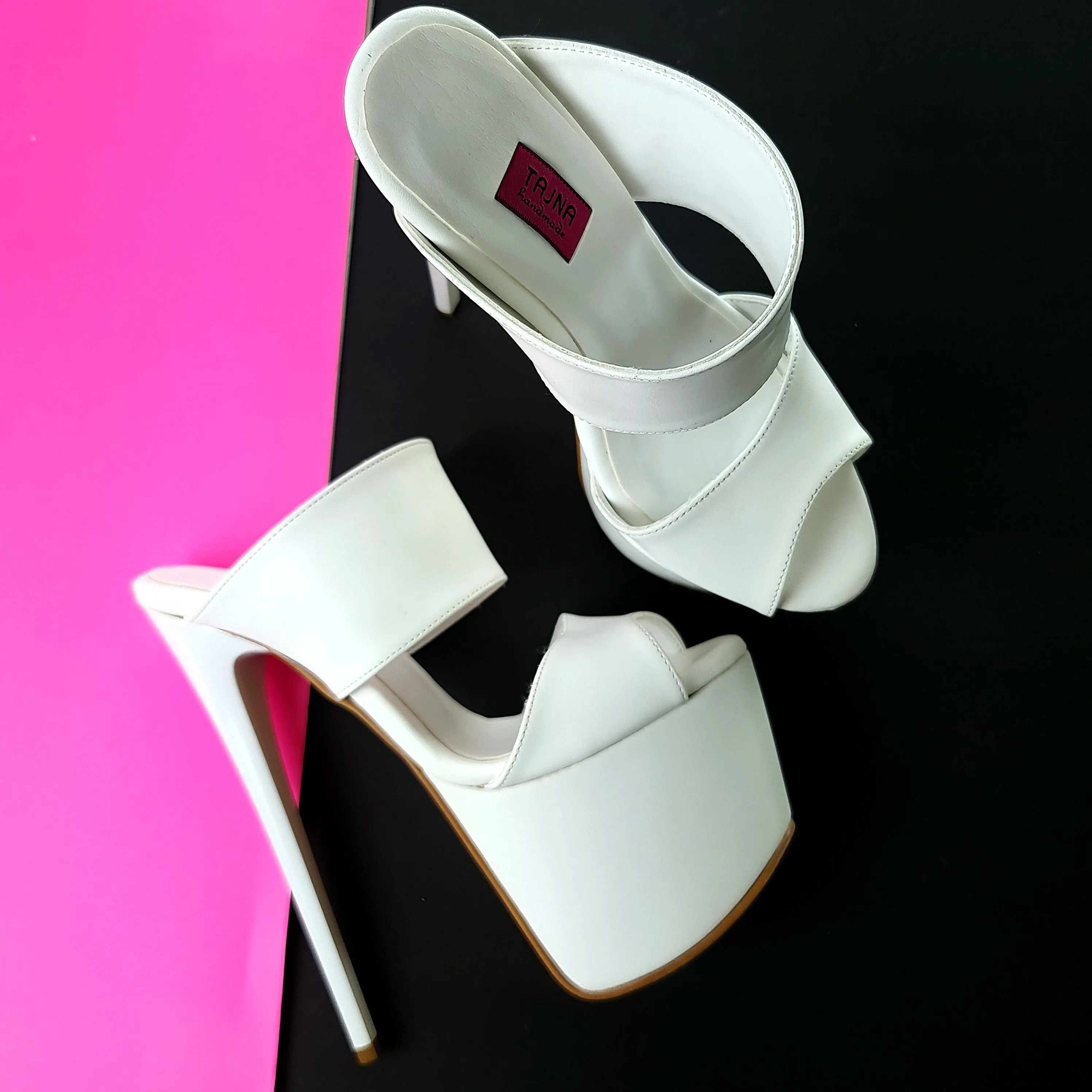 White Double Strap High Heel Platform Mules