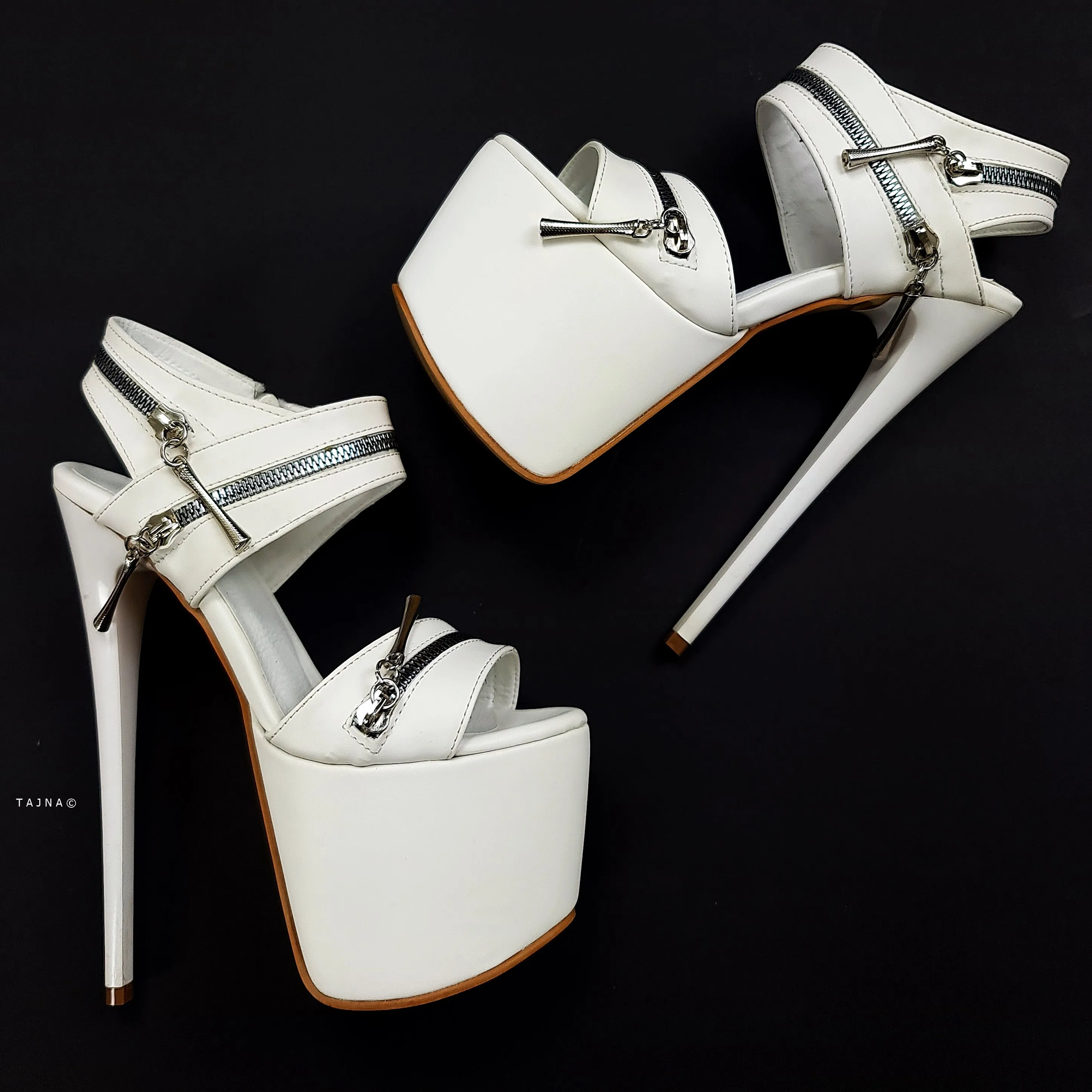 White Matte Zip Detail High Heel Sandals