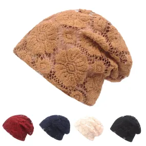 Women Flowers Lace Breathable Beanie Hat Comfortable Soild Color Sunshade Hat